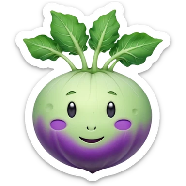 whole kohlrabi bulb, smooth pale green to purple skin, round, slightly flattened, short leafy stems on top, firm surface, faint lines and bumps, soft lighting, emoji scale sticker