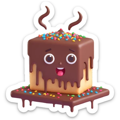 Rectangular chocolate mini pastry, messy chocolate dripping, sprinkles flying, surprised eyes, open mouth, text above: "ПАСТИЧКА", chibi style, Twitch emoji style, transparent background, colorful
 sticker