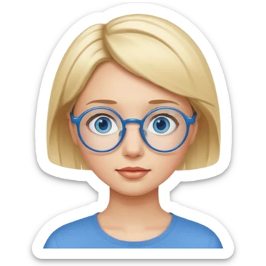 woman with short blonde haire, blue eyes and blue round glasses sticker