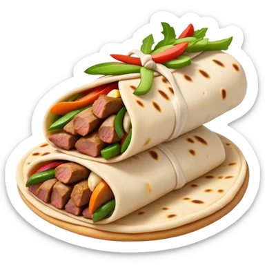 Cinematic Realistic Shawarma Dish Emoji, showcasing spiced, succulent meat wrapped in flatbread with fresh vegetables rendered with lifelike detail and dynamic, appetizing lighting. sticker