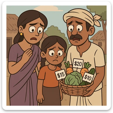 cartoon illustration of a poor tribal Indian family looking worried at a small basket of vegetables with high price tags, rural village background, conveying struggle caused by inflation in vegetable prices sticker