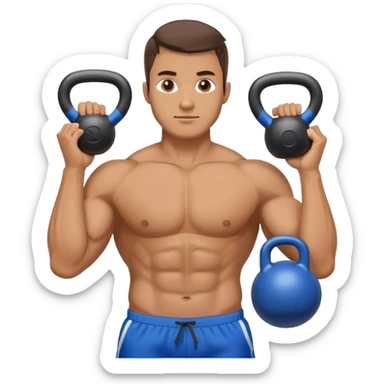 athletic man with blue shorts holding kettlebell sticker