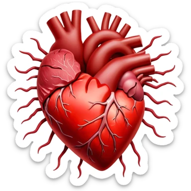 Glowing cuts of red meat and liver surrounding a bright red heart. Red blood cells float around the heart, with energy streams connecting the meat to the blood cells and heart, showing how iron-rich foods power circulation and vitality. sticker