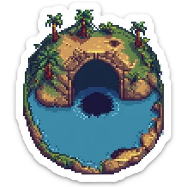 Make the island longer, then add a large hole or arch through it, keeping the pixel art style. sticker