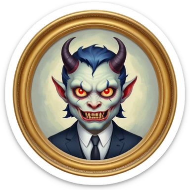 round oil painting in frame, portrait of a demon in a suit sticker