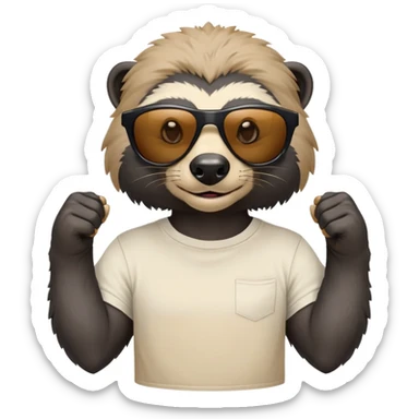 friendly anthropomorphised honey badger head and neck wearing sunglasses, top of t-shirt visible, different expression sticker