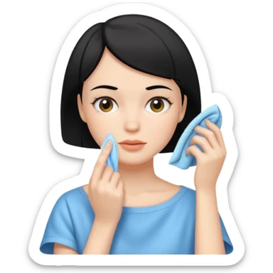 a white woman who has black short hair cleaning her face sticker