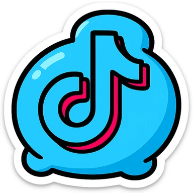 chubby blue TikTok icon, thick black contours, strong shadows, shiny highlights, plump outlined dimensional style, no background, only symbol sticker