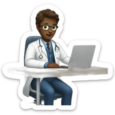 Doctor working using laptop behind the table sticker