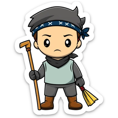 Levi Ackerman cleaning with bandana over hair, gloves, holding broom, annoyed expression sticker