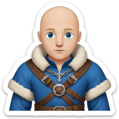 medieval outfit worn by a DnD themed fantasy character. basic rough-spun tunic with a fur-lined collar and a leather strap across the chest. clothes only above the waist. The clothes full waist. The character's haven't arms. character is bald, blue eyes, white-skinned man. sticker