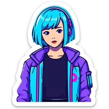 Cyberpunk Japanese girl with neon blue wig, futuristic holographic jacket, digital glitches effect, dark background with purple neon glow, iOS app icon style sticker