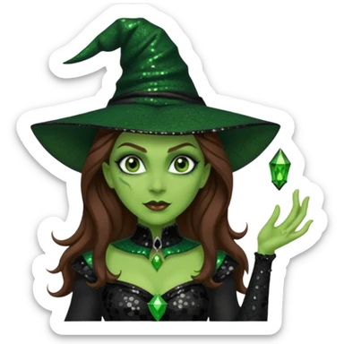 The Wicked Witch from Oz with long brown hair, green skin, black sequin outfit sticker