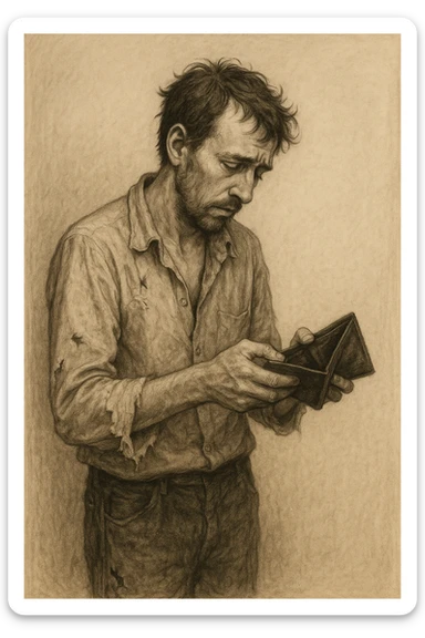 a broke man, with torn clothes, looking at an empty wallet, simple background sticker