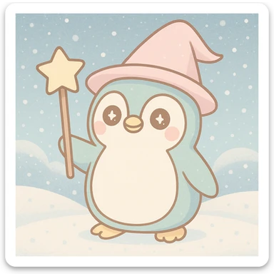 Add a snowy background behind the penguin wizard, keeping the cute and whimsical style. sticker