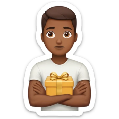 A person with arms crossed and looking away, refusing to accept a present sticker