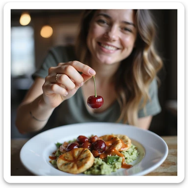 realistic image of a person showing a dietary supplement like a cherry, supplement held between fingers above a complete plate, smiling, positive atmosphere, creative details, modern environment sticker