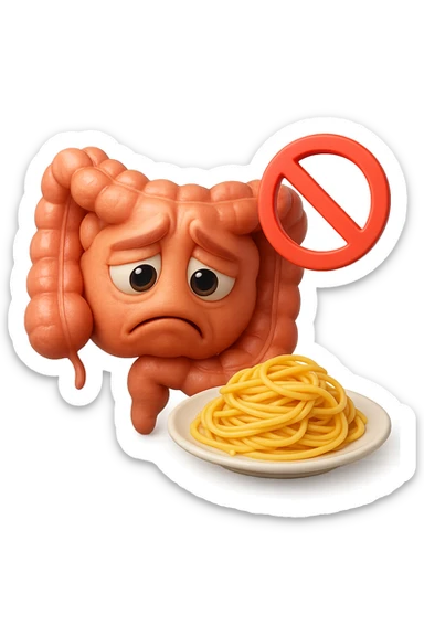 EMOJI STILE IPHONE DI un intestino umano anatomico triste mentre guarda un piatto di pasta con divieto 3d sopra: non la può mangiare, fagli anche la parte bianca degli occhi, non solo le pupille, REALISTICo 4K sticker