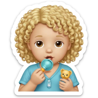 Close-up, curly blonde-haired toddler, pacifier sticker