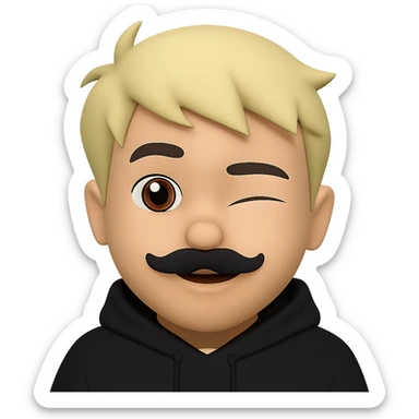 Add a black hoodie to the Asian man with a small mustache and short messy blond hair in emoji style. Preserve the transparent background. The man is winking. sticker