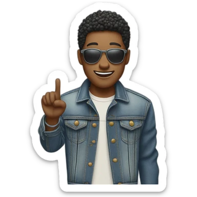 Cool person in denim jacket pointing upward from left hand skin color light sticker