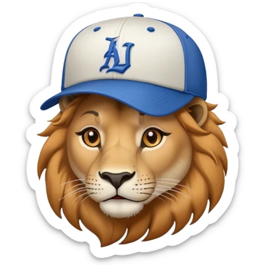 confident female lion head and shoulders wearing a baseball cap sticker