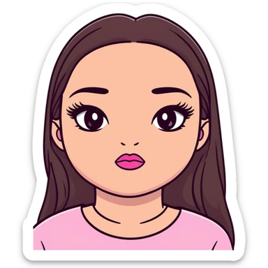girl with lighter skin, dark brown long straight hair, pouty shiny lips with pink lip gloss, large eyes with eyelashes, pink blush on cheeks, inner eye highlighted with white eyeliner, lighter button nose, long oval-shaped face sticker