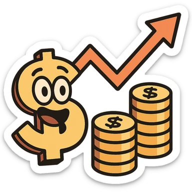 cartoon style icon for economy, with a dollar sign, coins, and a graph arrow sticker