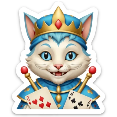crazy colorful cute little cat jolly joker from poker, medieval, vintage, court jester, mac os icon, blue color, holds poker cards sticker