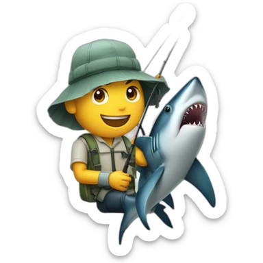 Fisherman with a shark on a fishing rod from a boat in the ocean sticker