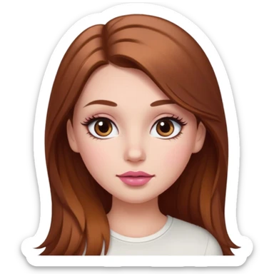 white girl with long brown hair with caramel highlights wearing a white top. Blush on the cheeks and big eyelashes and a brown-pink lip combo  sticker