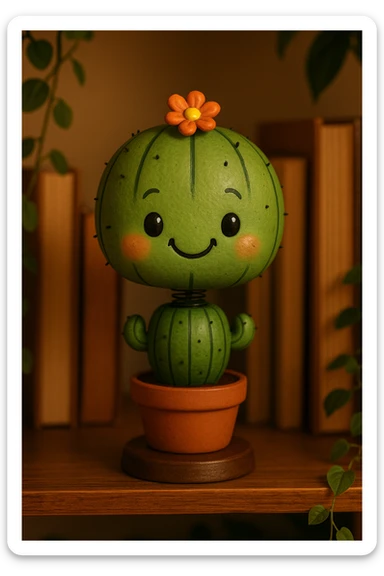 a cactus bobblehead, small flower on top, cheerful face, cartoonish style sticker