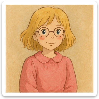 blonde girl, shoulder-length hair, wearing glasses, rosy cheeks, pink clothes, ghibli style, delicate and expressive sticker