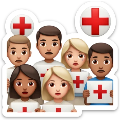 a crowd of people with unhappy faces, holding posters with a red cross painted on them sticker