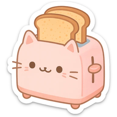 cute pastel toaster shaped like a cat, with two toast slices popping out, smiling, full-body sticker