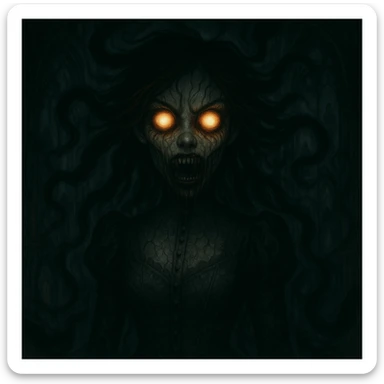 Make the beautiful scary girl even scarier with extreme supernatural horror features, more disturbing and haunting, while keeping her gothic beauty. Enhance the supernatural and horror elements to create a deeply unsettling and haunting atmosphere. sticker