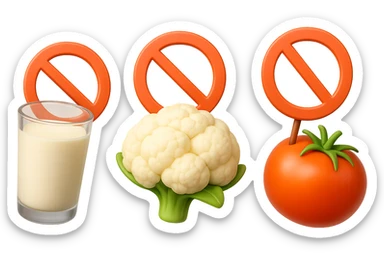 emoji stile iphone di un BICCHIERE DI LATTE CAVOLFIORE E POMODORO CHE FLUTTUANO IN ARIA CON DIVIETI IN MANO, iperrealistico 4k, isolato su sfondo bianco sticker