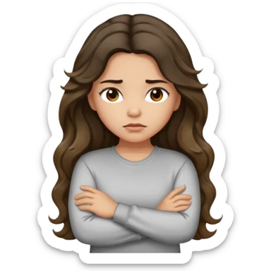 Hispanic light tan girl with long dark wavy hair with arms folded and pouting. Wearing a long sleeve. Hair with middle part. sticker