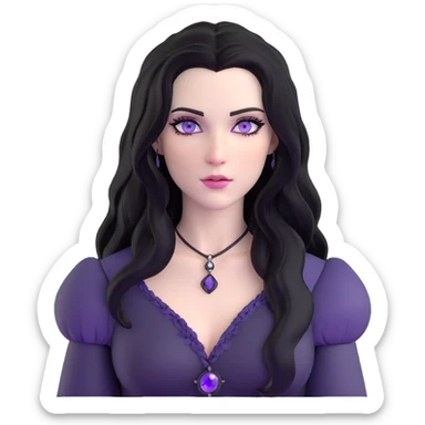 Yennefer from Witcher with long black hair, violet eyes, pale skin, wearing black clothes sticker