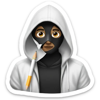 White Male artist wearing white drama mask and black hoodie holding pencil sticker