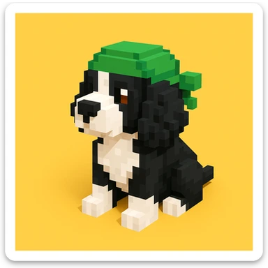 A black and white Russian Cocker Spaniel puppy wearing a green durag, voxel style, sitting, facing left sticker