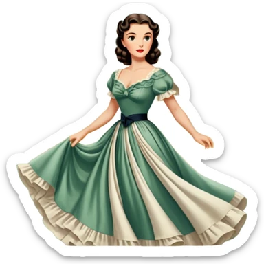 Icon for Romance Movie: A vintage movie poster-style design inspired by Gone with the Wind. Include romantic, sweeping imagery like Scarlett O'Hara in a flowing dress, Rhett Butler, a plantation backdrop, and fluttering wind-blown fabric. Soft, nostalgic cinematic feel. Transparent background. sticker