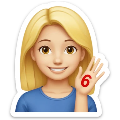 yellow smiling face girl with one hand flat under chin. With the number 6 on the left hand and the number 7 on the right hand sticker