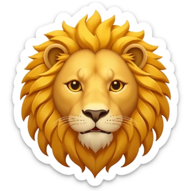 Roaring lion head icon, flat design, simple shapes, golden mane, sun behind, minimal details, solid colors, app icon style sticker