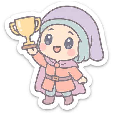 chibi medieval pilgrim holding up a trophy, kawaii style, adorable, soft colors sticker