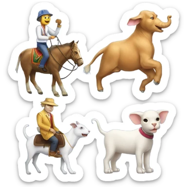 Cat riding a dog riding and elephant riding a goat sticker