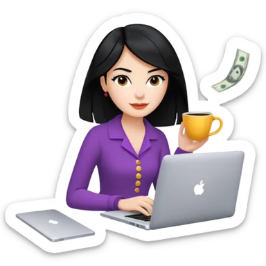  woman character with laptop and coffee in Paris, dollars coming out from the screen floating, colorful chic outfit, white laptop, Pixar style, black hair, fair skin,  sticker