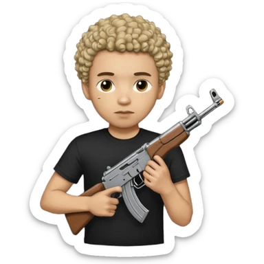 AK47 in hand, light skin male with shortest curly hair  and some cuts on the face  sticker