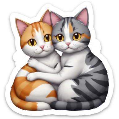 full body colourful light patched calico + white tabby cat cuddling a bigger cat that is dark grey and white tabby cat  and they are in love sticker