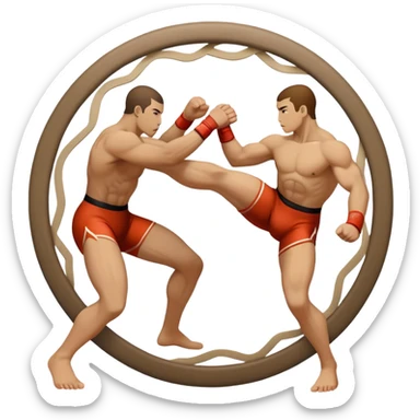 An icon symbolizing wrestling martial arts, featuring two stylized figures locked in a dynamic grappling pose. The background shows abstract elements representing strength and technique, with a circular design to represent unity and focus. Transparent background sticker